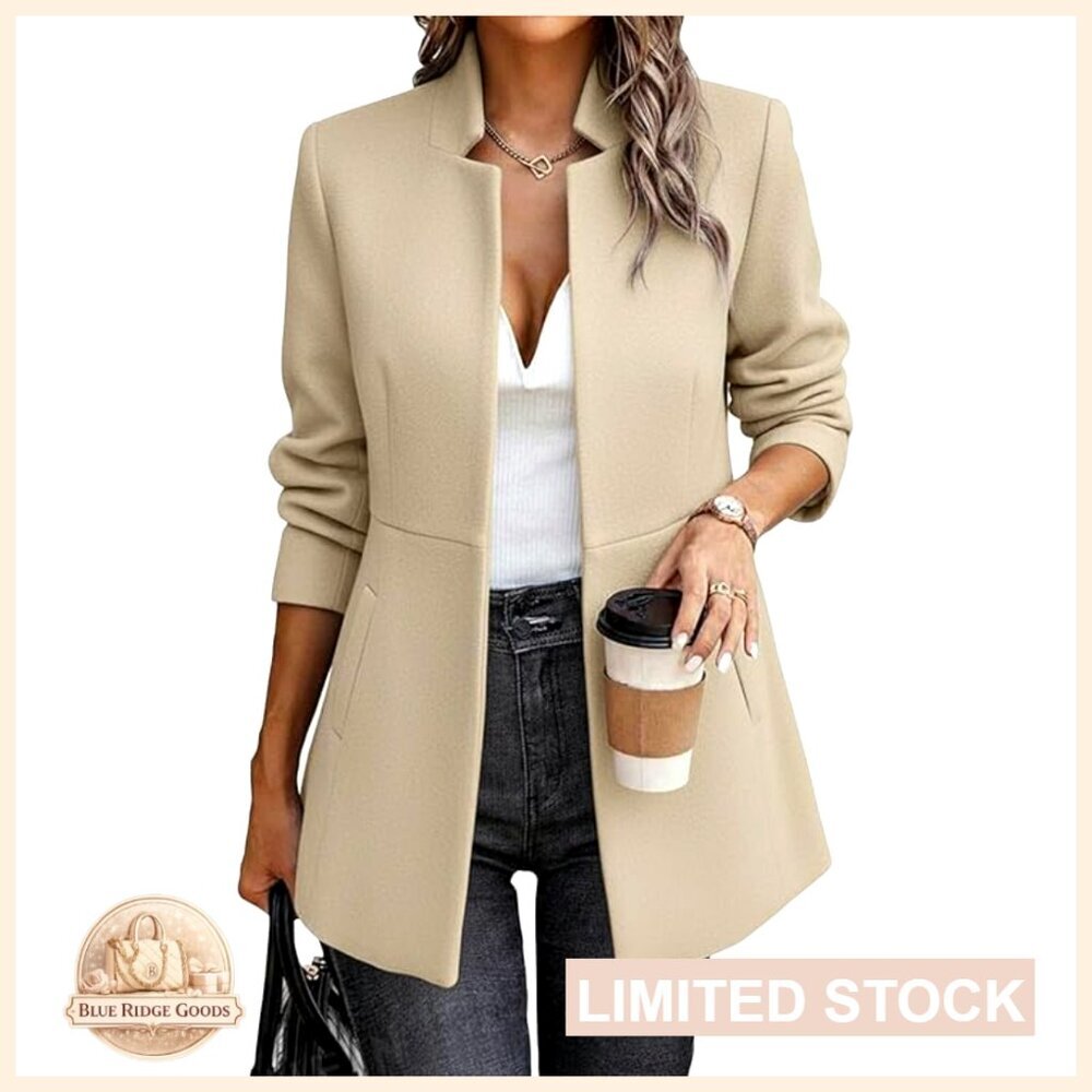 Herringbone Tweed Blazer Long Fully Lined Open Front Work Office Coat